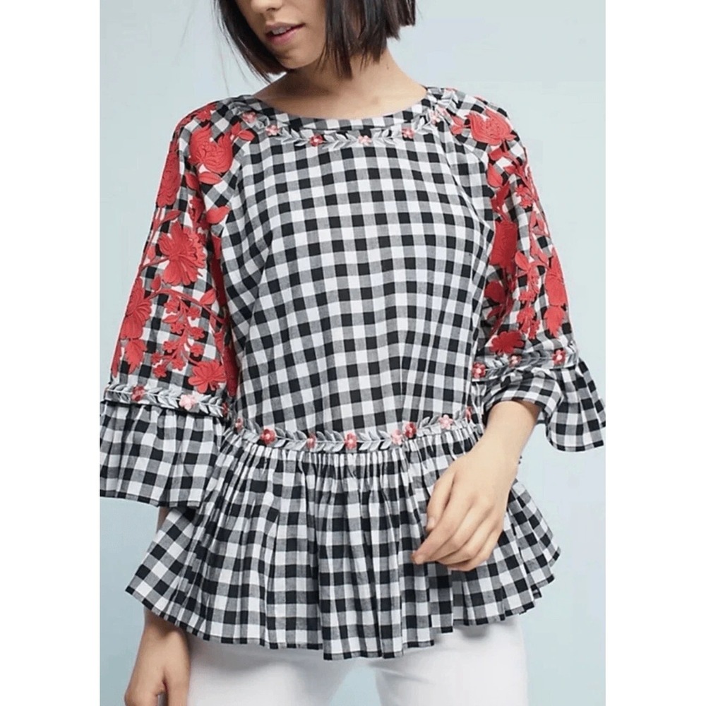 Anthropologie Pankaj Nidhi Gingham Swing Ruffle Embroidered Top Size XS Boho
